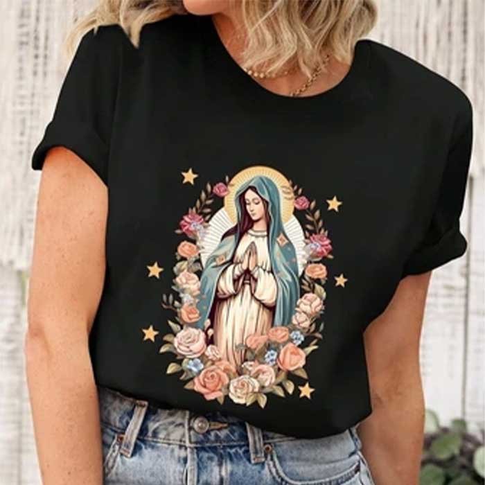 Camiseta feminina country com estampa da Virgem Maria 1