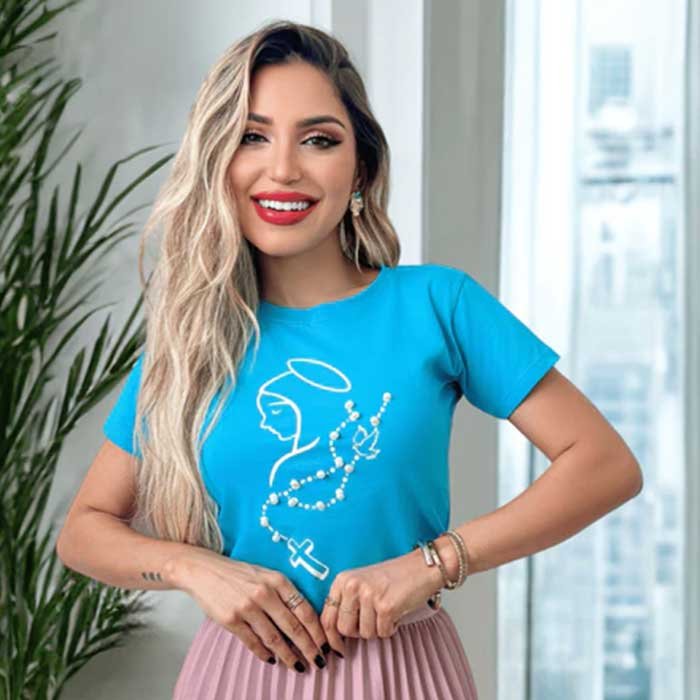 Blusa Estampada Virgem Maria Com Pérolas