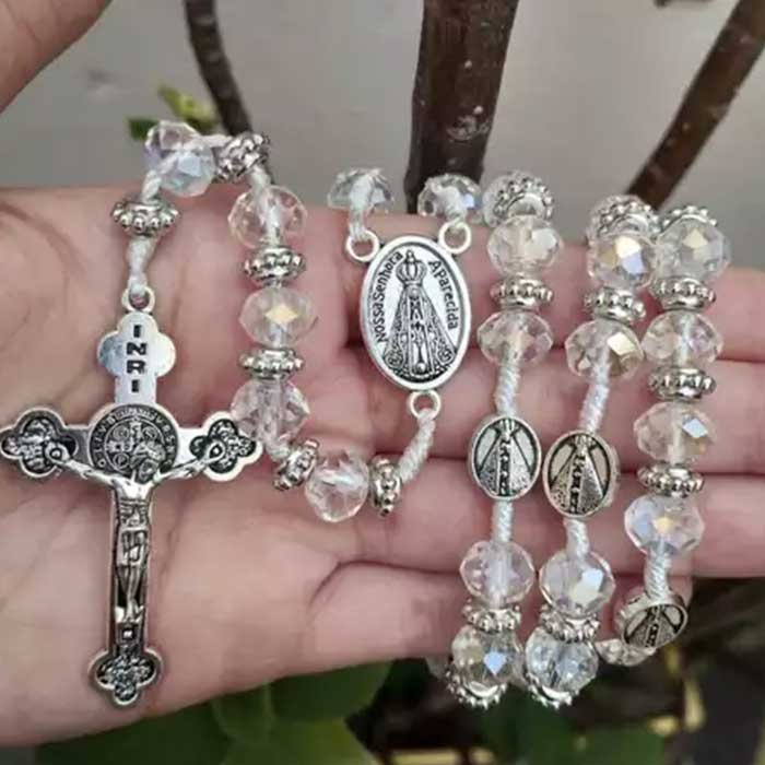 Terço de cristal transparente Nossa Senhora e São Cristóvão