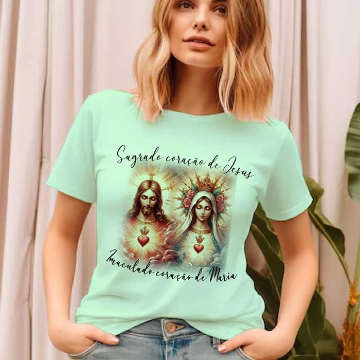 Camiseta com o Sagrado Coração de Jesus e o Imaculado Coração de Maria 8